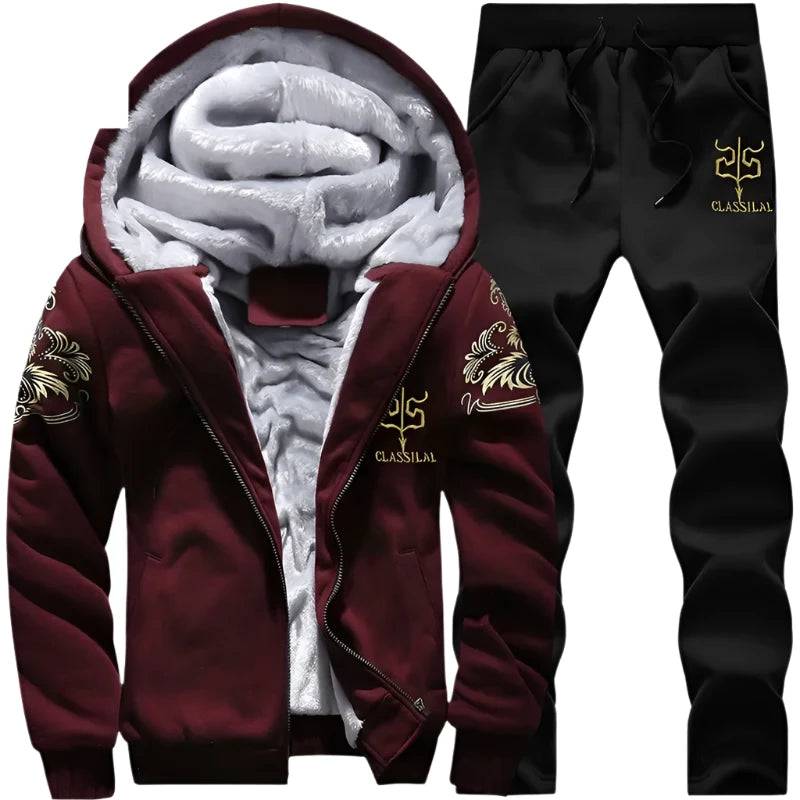 2024 New Winter Thick Men Sports Suit Tracksuit Hooded Sportswear Zipper Cardigan Hooded Woolen Trousers Pants Casual Men Set