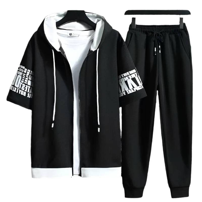 Men's Sets Hooded Zipper Short Sleeve Tops+ Elastic Waist Trousers Men Clothing Two Piece Set Korean Streetwear Tracksuit Men