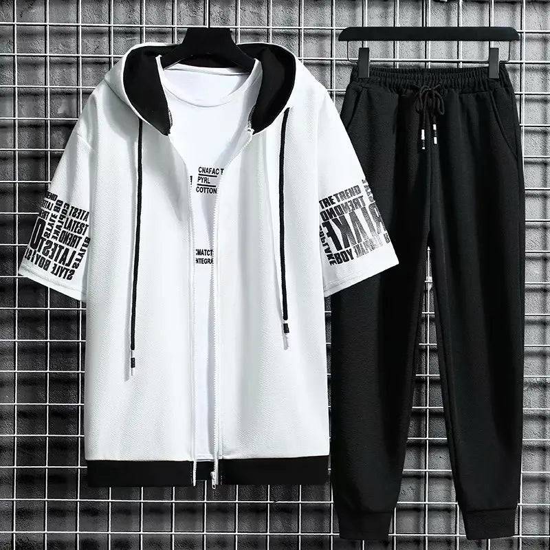 
                  
                    Men's Sets Hooded Zipper Short Sleeve Tops+ Elastic Waist Trousers Men Clothing Two Piece Set Korean Streetwear Tracksuit Men
                  
                