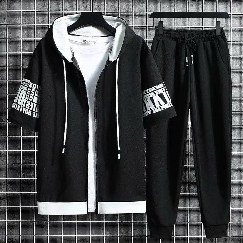 
                  
                    Men's Sets Hooded Zipper Short Sleeve Tops+ Elastic Waist Trousers Men Clothing Two Piece Set Korean Streetwear Tracksuit Men
                  
                