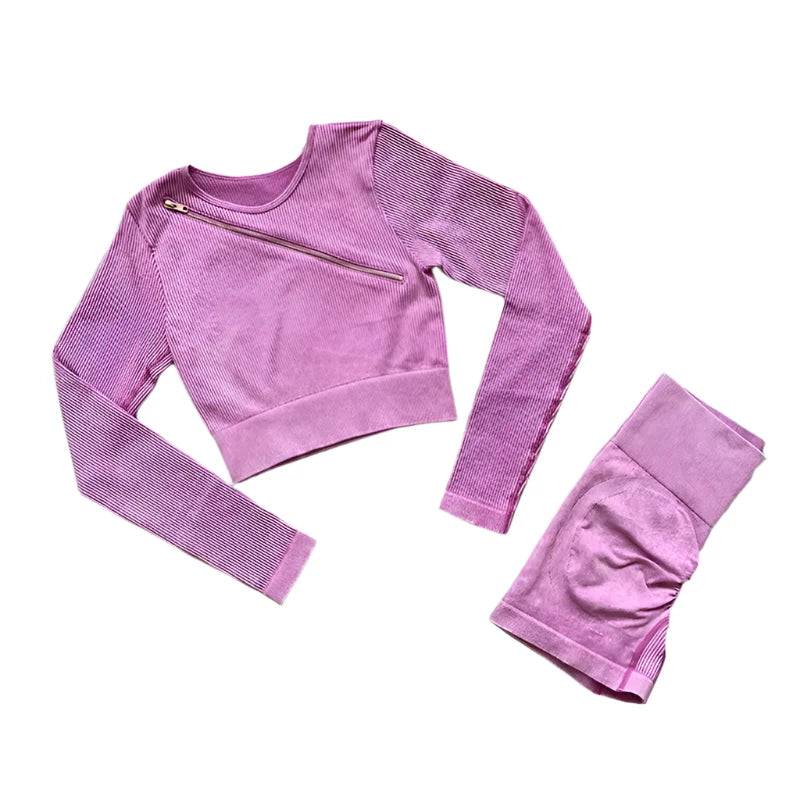 Gym Sets Womens Outfits 2Pcs Seamless Yoga Set Long Sleeve Shirt High Waist Cycling Shorts Workout Clothes For Women Sportswear