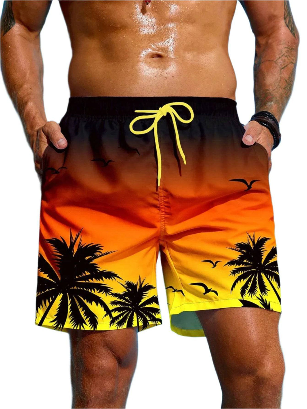 Summer Vacation Men's Palm Tree Print Drawstring Waist Board Shorts Fashion Swim Trunks 3D Print Breathable Short Streetwear