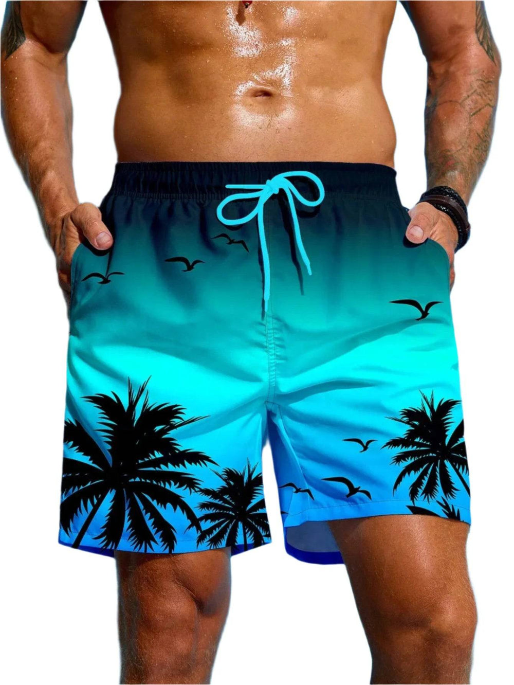 Summer Vacation Men's Palm Tree Print Drawstring Waist Board Shorts Fashion Swim Trunks 3D Print Breathable Short Streetwear