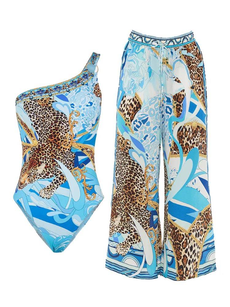 Women's Seaside Wave Blue Leopard Print One Piece Bikini Slim Fit Swimsuit with Trunks Fashion Design Fresh Design 2024