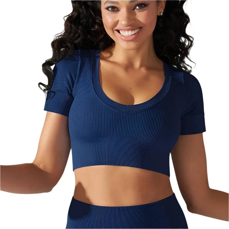 Women's Seamless Tops Short Sleeve V Neck Yoga Shirts Fitness Crop Top Sportswear Fashion Tops Women