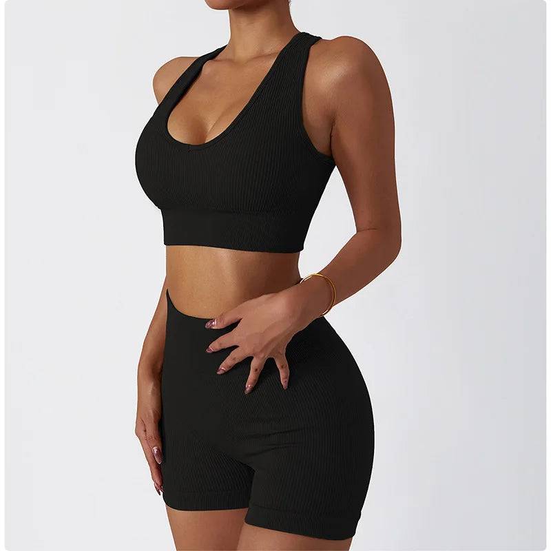 
                  
                    Seamless Yoga Set Women Fitness Outfit V Neck Sports Bra High Waist Shorts Two Piece Set Ribbed Gym Clothing Summer
                  
                