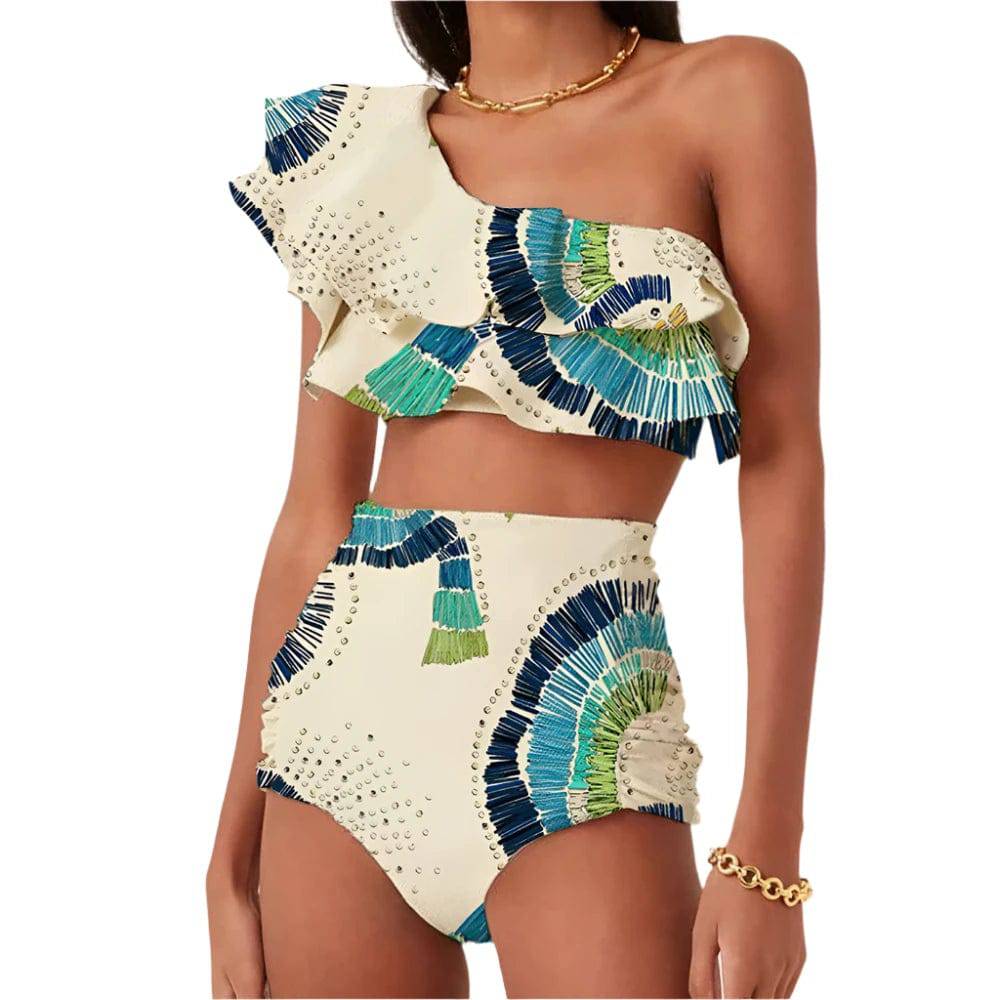 Women's Printed Ruffle Swimsuit Fashion One Shoulder Slash Breasted Bikini Two Piece High Waisted Tummy Tuck Beachwear 2024 New