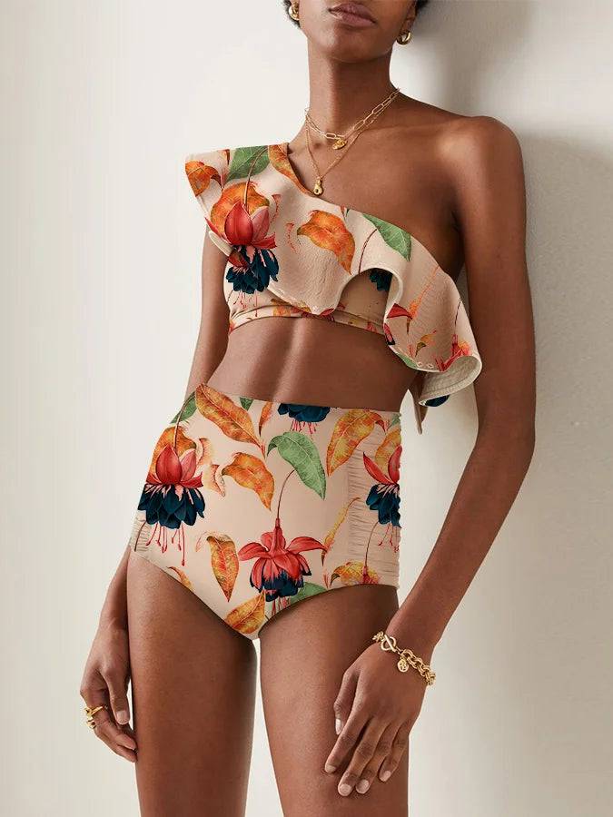 
                  
                    Women's Printed Ruffle Swimsuit Fashion One Shoulder Slash Breasted Bikini Two Piece High Waisted Tummy Tuck Beachwear 2024 New
                  
                