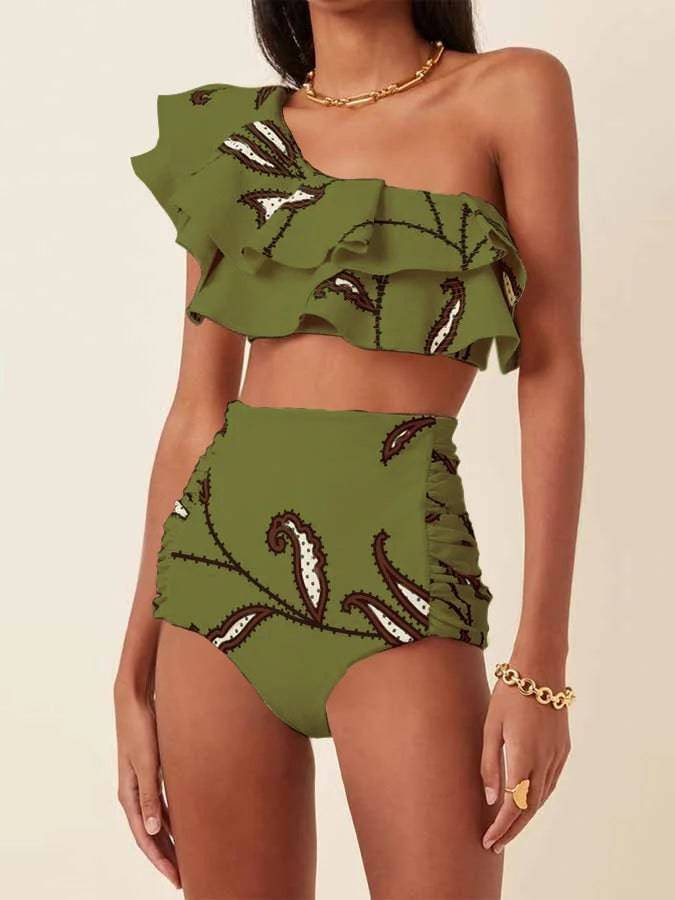 
                  
                    Women's Printed Ruffle Swimsuit Fashion One Shoulder Slash Breasted Bikini Two Piece High Waisted Tummy Tuck Beachwear 2024 New
                  
                