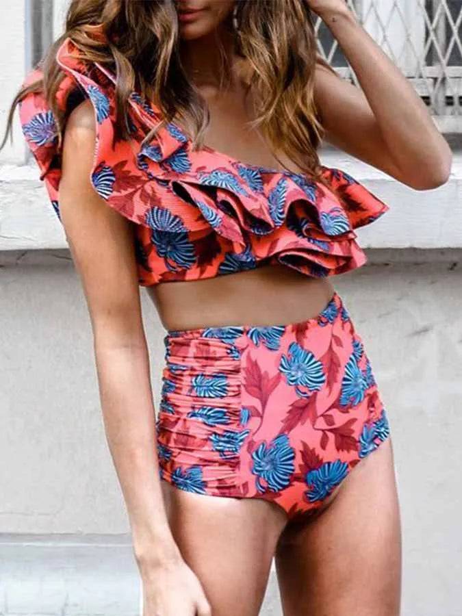 
                  
                    Women's Printed Ruffle Swimsuit Fashion One Shoulder Slash Breasted Bikini Two Piece High Waisted Tummy Tuck Beachwear 2024 New
                  
                