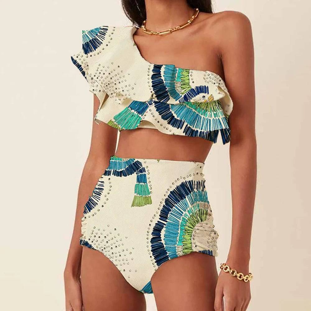 
                  
                    Women's Printed Ruffle Swimsuit Fashion One Shoulder Slash Breasted Bikini Two Piece High Waisted Tummy Tuck Beachwear 2024 New
                  
                