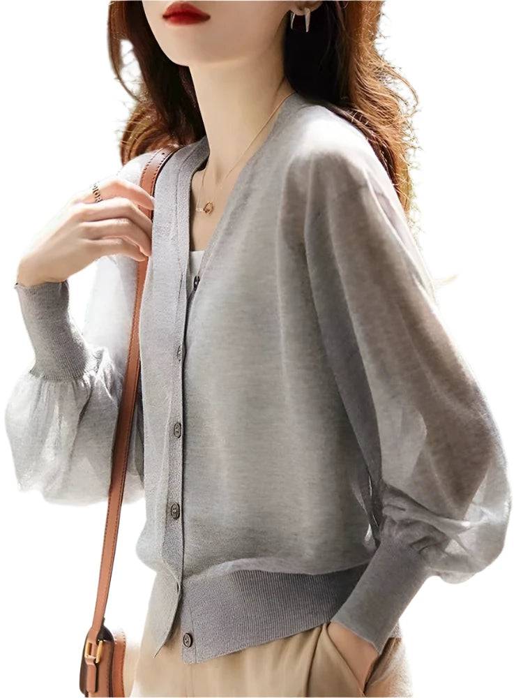 Women Elegant V Neck Single Breasted Thin Sun-proof Cardigan Elegant Korean Knit Simple Solid Sheer Tops Summer Casual Outwear