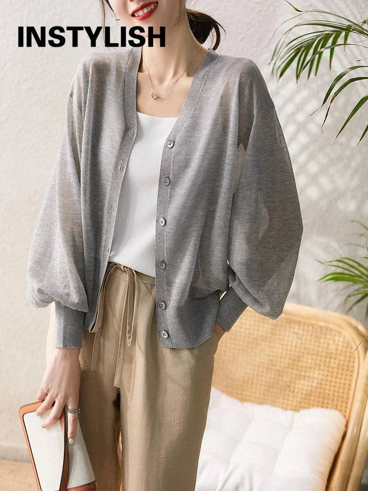 
                  
                    Women Elegant V Neck Single Breasted Thin Sun-proof Cardigan Elegant Korean Knit Simple Solid Sheer Tops Summer Casual Outwear
                  
                