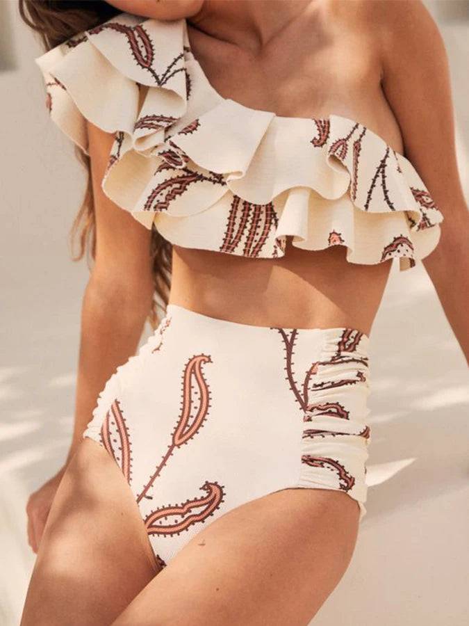 
                  
                    One-Shoulder Swimsuit  Fashion Beige  Ruched Printed Bikini High Waist Swimwear Bottom Beach Bathing Suit
                  
                