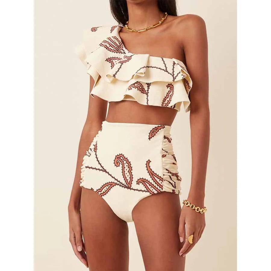 
                  
                    One-Shoulder Swimsuit  Fashion Beige  Ruched Printed Bikini High Waist Swimwear Bottom Beach Bathing Suit
                  
                