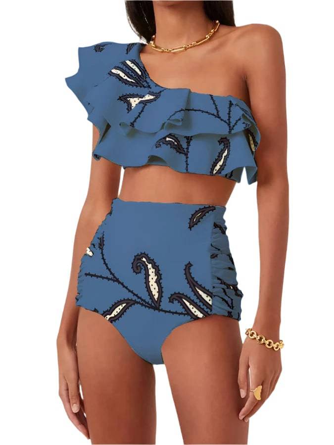 One-Shoulder Swimsuit  Fashion Beige  Ruched Printed Bikini High Waist Swimwear Bottom Beach Bathing Suit