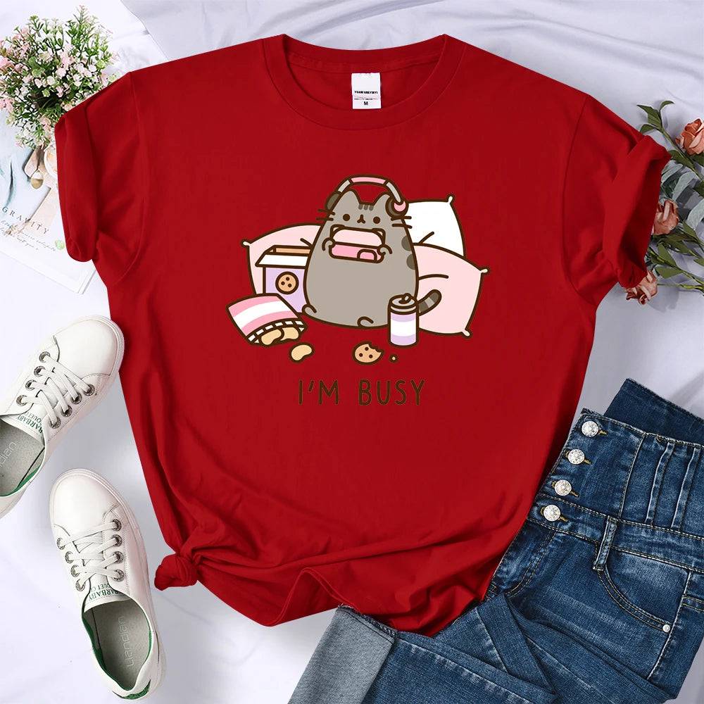 
                  
                    Sorry I'm Busy Cat Playing Games With Headphones T Shirt Female New Oversized T-shirts New Street Tops Hot Sale Summer Women Tee
                  
                