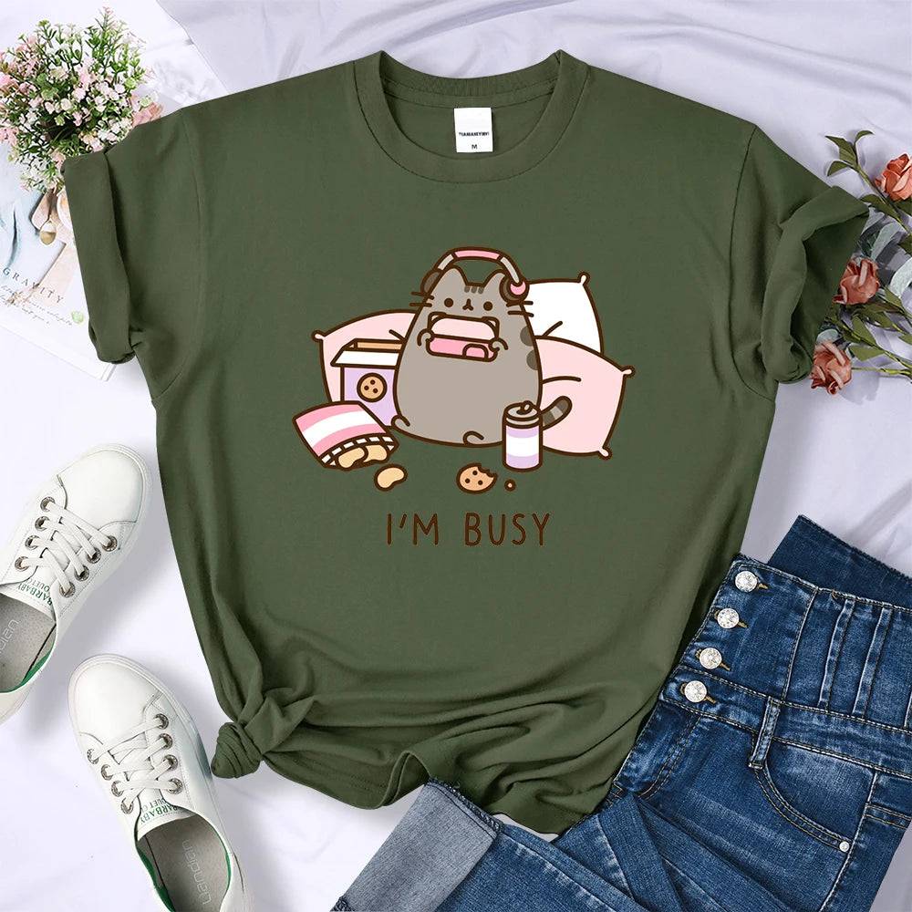 
                  
                    Sorry I'm Busy Cat Playing Games With Headphones T Shirt Female New Oversized T-shirts New Street Tops Hot Sale Summer Women Tee
                  
                