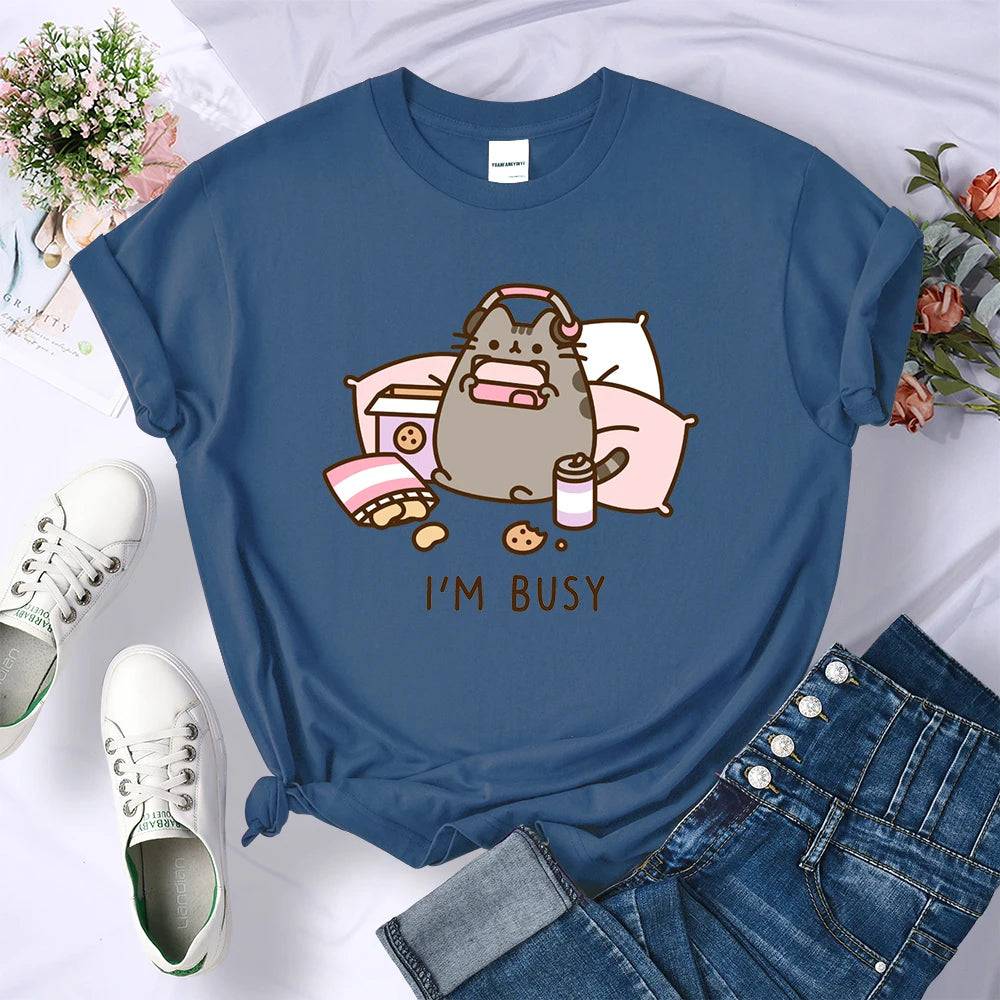 
                  
                    Sorry I'm Busy Cat Playing Games With Headphones T Shirt Female New Oversized T-shirts New Street Tops Hot Sale Summer Women Tee
                  
                