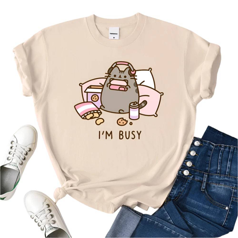 Sorry I'm Busy Cat Playing Games With Headphones T Shirt Female New Oversized T-shirts New Street Tops Hot Sale Summer Women Tee