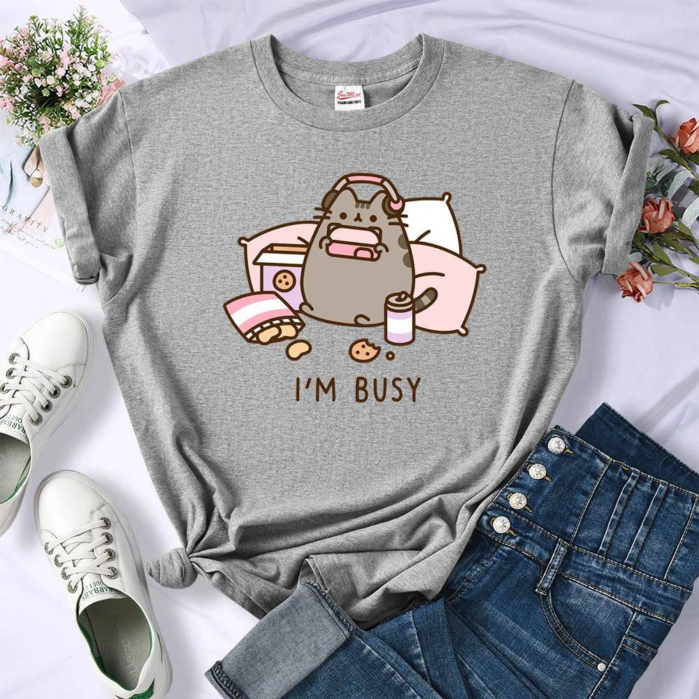 
                  
                    Sorry I'm Busy Cat Playing Games With Headphones T Shirt Female New Oversized T-shirts New Street Tops Hot Sale Summer Women Tee
                  
                