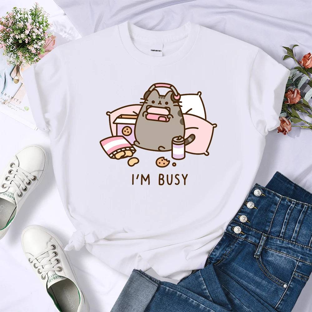 
                  
                    Sorry I'm Busy Cat Playing Games With Headphones T Shirt Female New Oversized T-shirts New Street Tops Hot Sale Summer Women Tee
                  
                