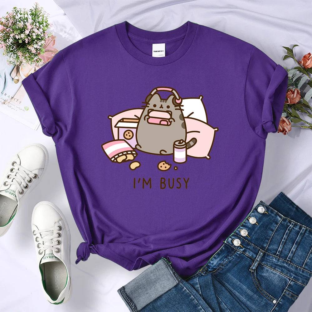 
                  
                    Sorry I'm Busy Cat Playing Games With Headphones T Shirt Female New Oversized T-shirts New Street Tops Hot Sale Summer Women Tee
                  
                