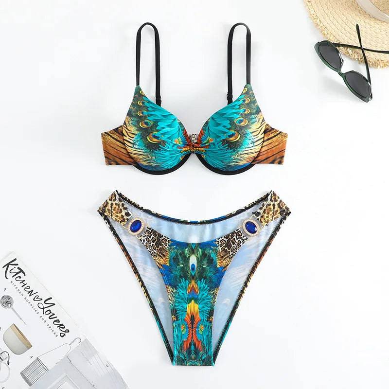 
                  
                    XS-XXL sexy peacock leopard print high waist push up bikini set two pieces swimsuit beachwear bathing suit swimwear biquini
                  
                