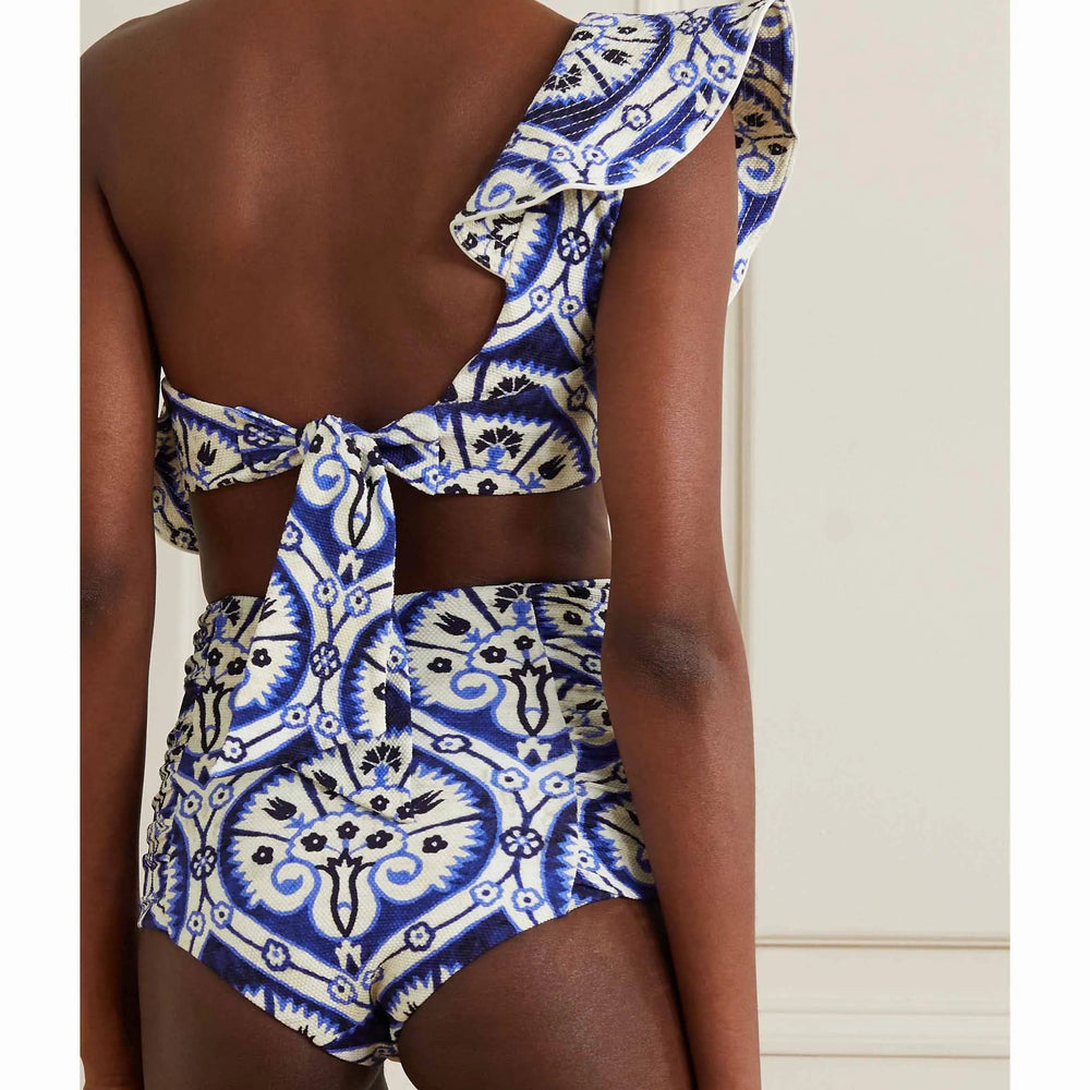 
                  
                    One-Shoulder Swimsuit  Fashion Blue Ruched Printed Bikini High Waist Swimwear Bottom Beach Bathing Suit
                  
                