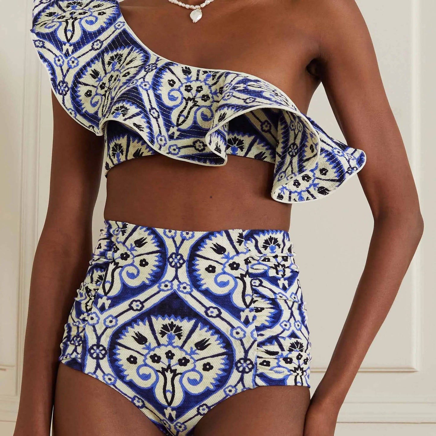 
                  
                    One-Shoulder Swimsuit  Fashion Blue Ruched Printed Bikini High Waist Swimwear Bottom Beach Bathing Suit
                  
                