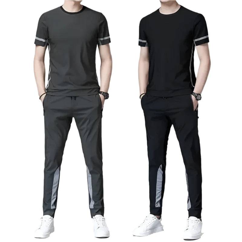 Tracksuit Sportswear Pants Sets Grey Men's Clothing Jogging T Shirt Man No Logo Sports Suits Fashion Top Summer Regular Fit Slim