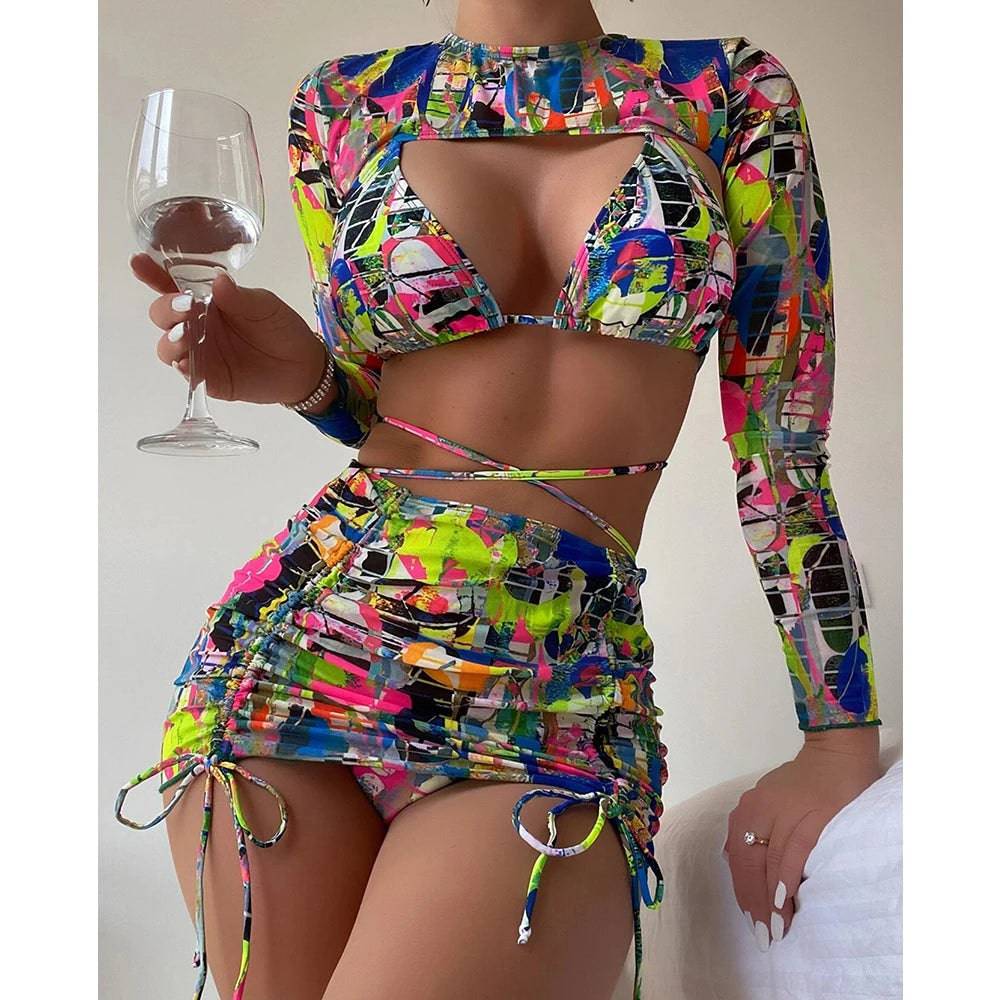 
                  
                    4 Pieces Bikini Set Bandage Long Sleeve Swimwear for Women Sexy High Waist Bikini Swimsuit Drawstring Bathing Suit Beachwear
                  
                