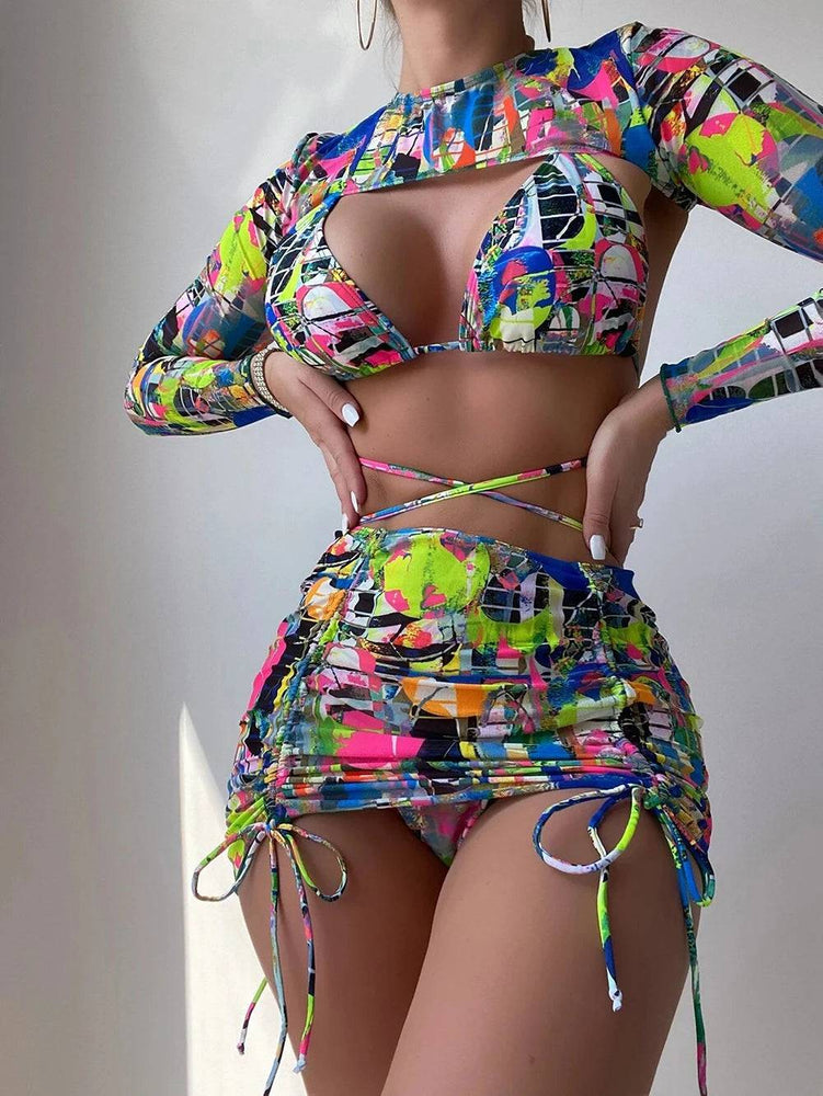 
                  
                    4 Pieces Bikini Set Bandage Long Sleeve Swimwear for Women Sexy High Waist Bikini Swimsuit Drawstring Bathing Suit Beachwear
                  
                