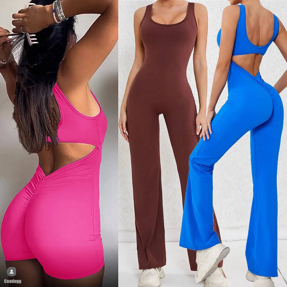 
                  
                    2024 S-XL Pad Women Gym Yoga Set Sports Rompers Deep V Back Fitness Workout Pant Flare Leggings One Piece Jumpsuit Active Wear
                  
                