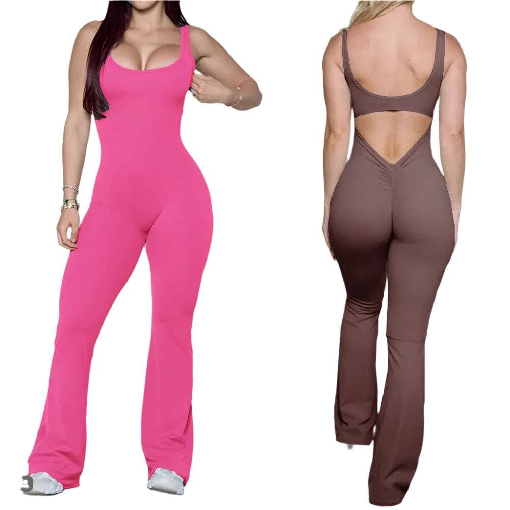 2024 S-XL Pad Women Gym Yoga Set Sports Rompers Deep V Back Fitness Workout Pant Flare Leggings One Piece Jumpsuit Active Wear