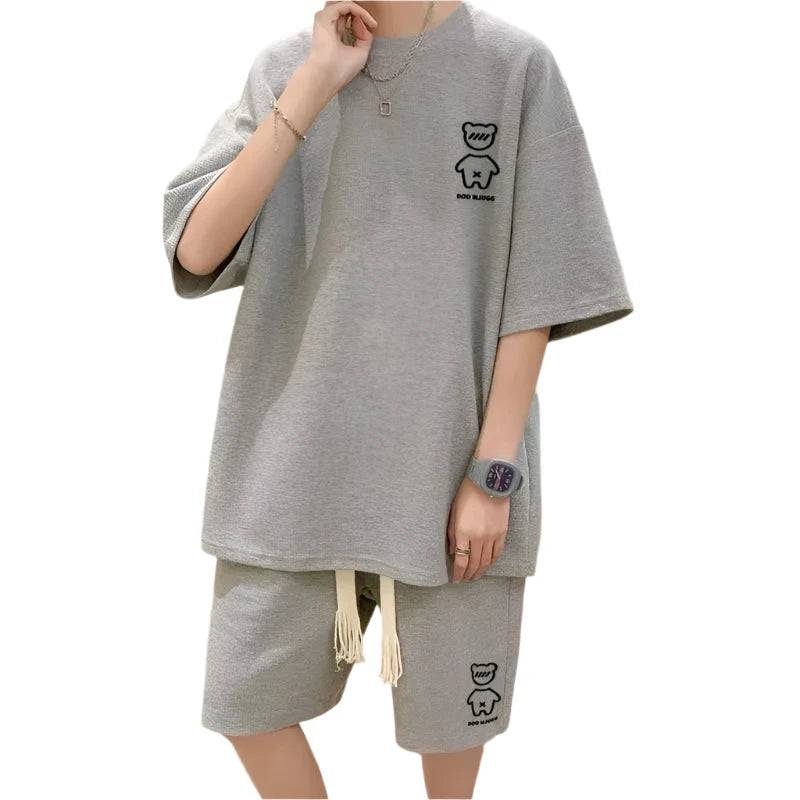 Korean Fashion Men Short Sets Hip Hop Rock Casual Short Suit Funny Bear Tshirts Shorts 2 Piece Set Summer Tracksuit Men 2023 New