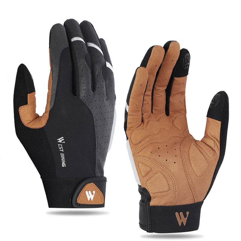 WEST BIKING Spring Autumn Cycling Gloves Full Finger Touch Screen Bike Shock Absorbing Gloves PU Leather Non-Slip Fitness Gloves