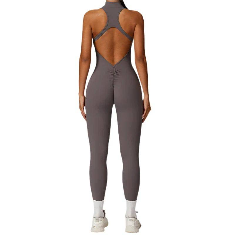 V Back One-piece Suit Women Sports Jumpsuit  Zippers Yoga Rompers Backless Sportswear Women Sleeveles Workout Bodysuits Female