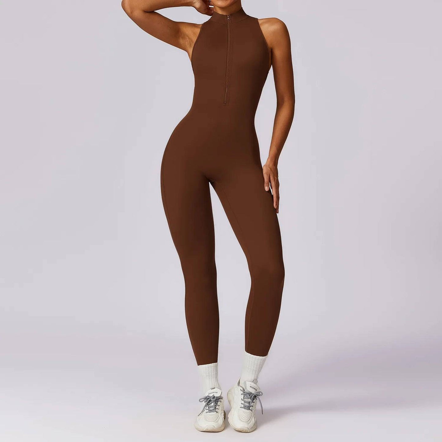 
                  
                    V Back One-piece Suit Women Sports Jumpsuit  Zippers Yoga Rompers Backless Sportswear Women Sleeveles Workout Bodysuits Female
                  
                