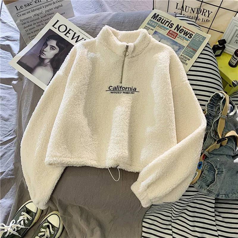 
                  
                    Women Stand Neck Fleece Cropped Hoodies Autumn Letter Embroidery Long Sleeve Drawstring Sweatshirt Elegant Plush Velvet Tops
                  
                