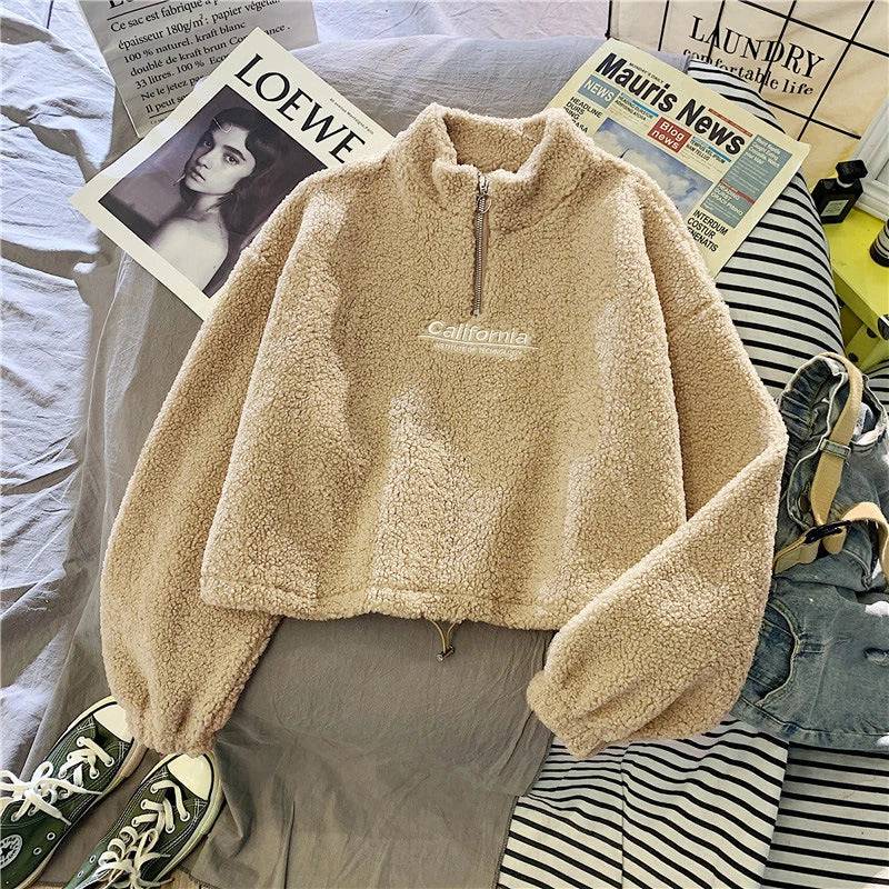 
                  
                    Women Stand Neck Fleece Cropped Hoodies Autumn Letter Embroidery Long Sleeve Drawstring Sweatshirt Elegant Plush Velvet Tops
                  
                