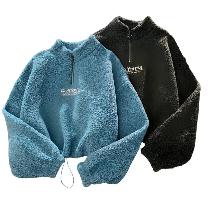 Women Stand Neck Fleece Cropped Hoodies Autumn Letter Embroidery Long Sleeve Drawstring Sweatshirt Elegant Plush Velvet Tops