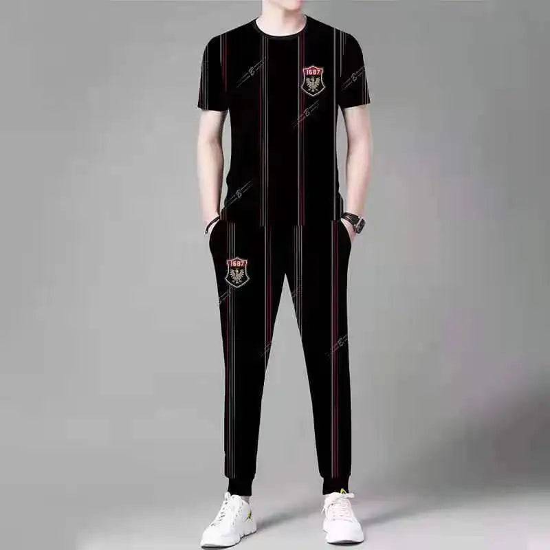 
                  
                    2023 Summer Men's Trousers Tracksuit 2 Piece Set Fashion Sportswear Short Sleeve T Shirt+Long Pants Male Clothing
                  
                