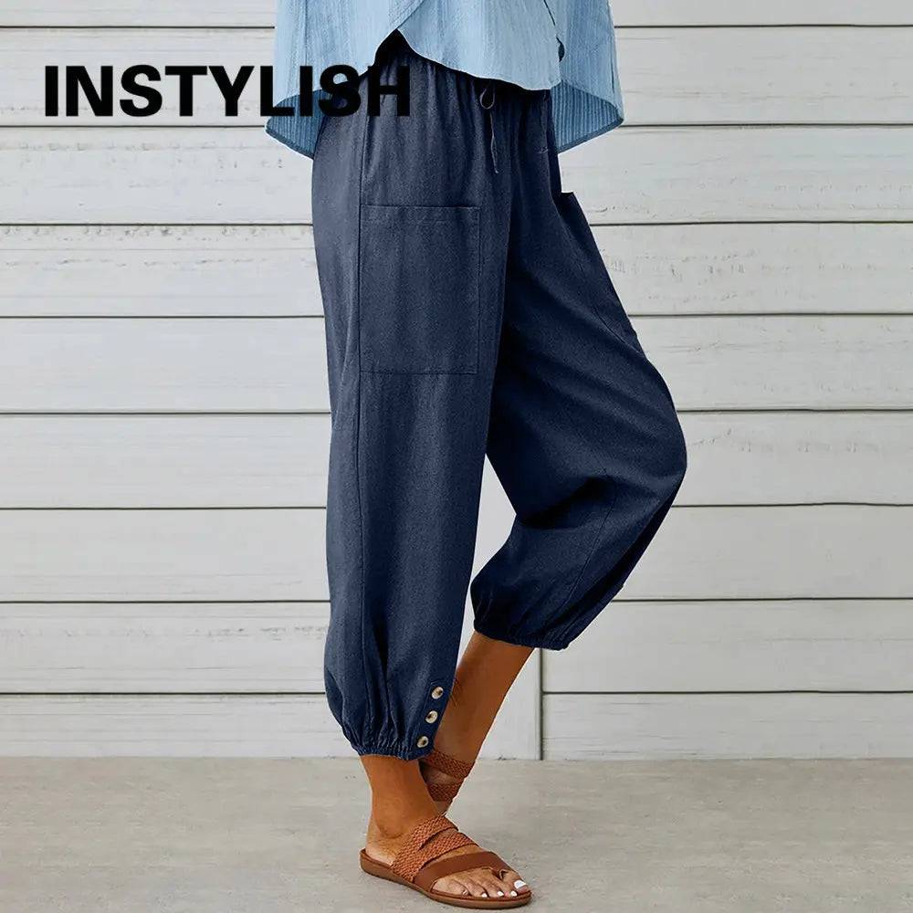 
                  
                    Women Cotton Linen Pants 2023 Autumn Solid Color Elastic Waist Loose Straight Trousers Female Harajuku High Waist Wide Leg Pants
                  
                