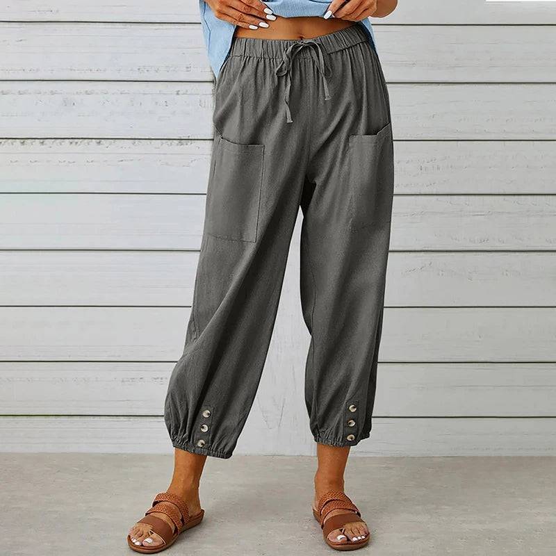 
                  
                    Women Cotton Linen Pants 2023 Autumn Solid Color Elastic Waist Loose Straight Trousers Female Harajuku High Waist Wide Leg Pants
                  
                