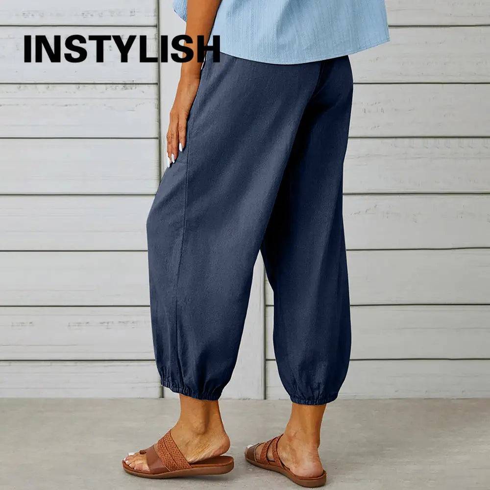 
                  
                    Women Cotton Linen Pants 2023 Autumn Solid Color Elastic Waist Loose Straight Trousers Female Harajuku High Waist Wide Leg Pants
                  
                