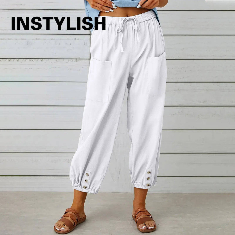 
                  
                    Women Cotton Linen Pants 2023 Autumn Solid Color Elastic Waist Loose Straight Trousers Female Harajuku High Waist Wide Leg Pants
                  
                