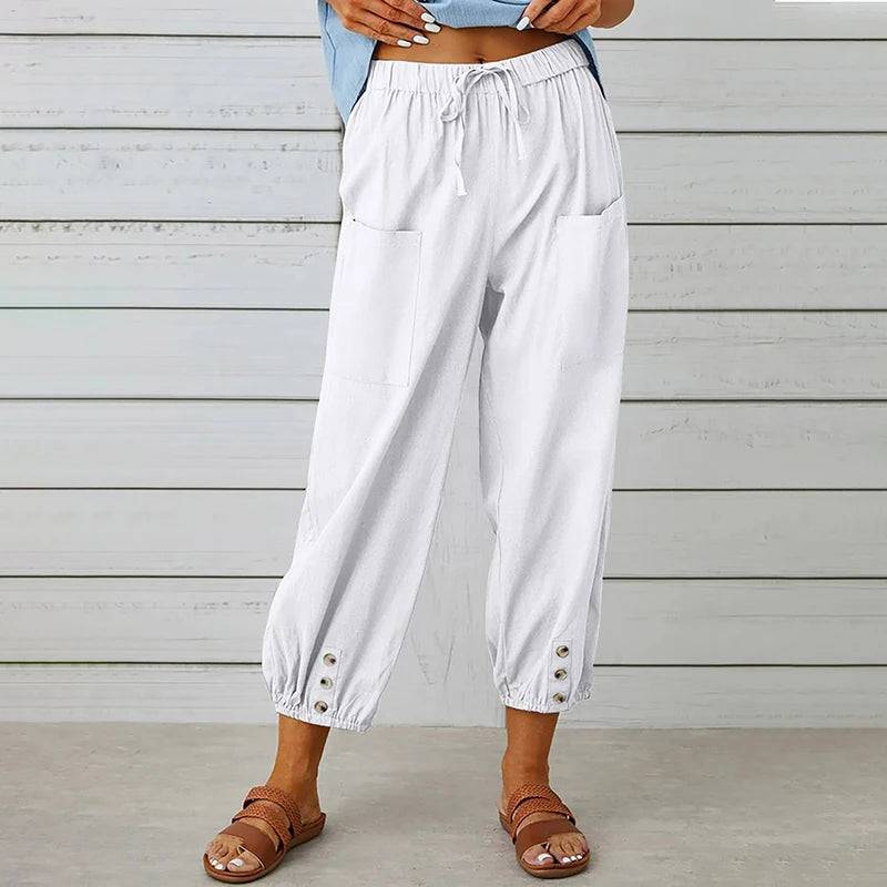 
                  
                    Women Cotton Linen Pants 2023 Autumn Solid Color Elastic Waist Loose Straight Trousers Female Harajuku High Waist Wide Leg Pants
                  
                