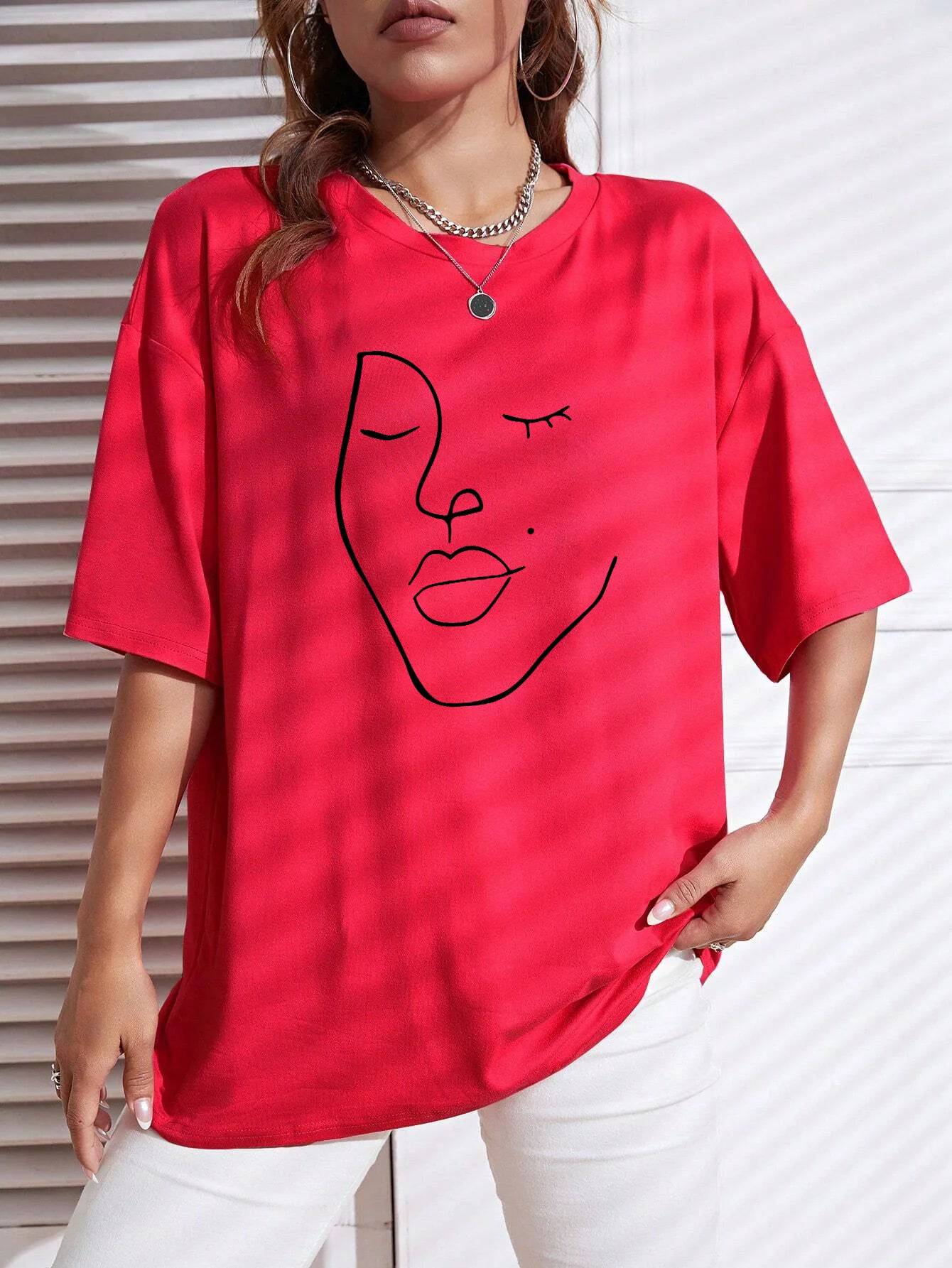 
                  
                    Simple Line Pattern Women's Face Printing tees Cotton Women T-Shirts Casual Soft Short Sleeve Tops Loose Comfortable Clothes
                  
                