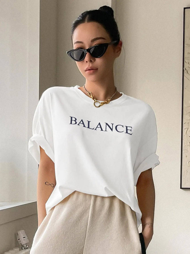 
                  
                    Balance Letter Printed Casual T-Shirts Women Summer Loose Oversize Short Sleeve Fashion Street Tshirt 100% Cotton Tee Clothing
                  
                